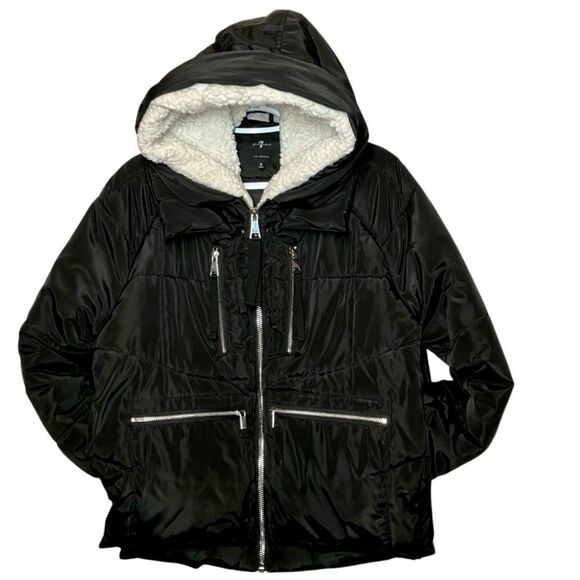 7 for All Mankind Shearling Thermal Subarctic Puffer Jacket in Black Women’s M - Picture 2 of 7